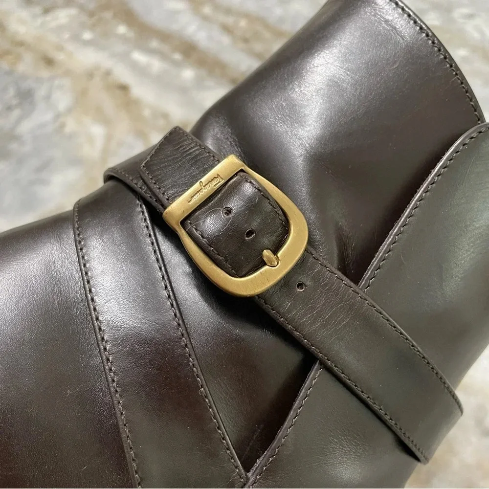 Salvatore Ferragamo Brown Leather Ankle Heeled Boots Size 6B Gold Buckle Detail